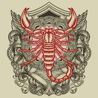 Scorpion sur antique gravure ornement Contexte vecteur