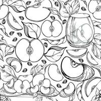 main tiré encre Pomme des fruits, mûr, plein et tranches monochrome vecteur, détaillé contour avec feuilles. sans couture modèle. isolé sur blanc Contexte. conception pour mur art, mariage, imprimer, tissu, carte. vecteur