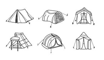 ensemble de tentes pour camping, noir et blanc utilisé ligne art style vecteur