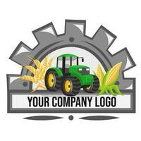 logo pour agriculture entreprise. vert tracteur avec blé et blé à l'intérieur moitié de roue dentée - vecteur image. agriculture et rural concept