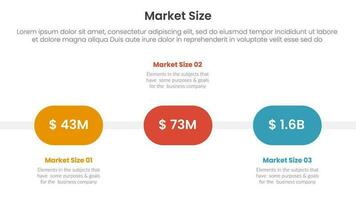 marché Taille ou Taille de Ventes infographie 3 point étape modèle avec rond arrondi boîte avec horizontal droite direction pour faire glisser présentation vecteur