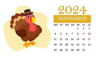 novembre mensuel calendrier 2024 avec une dinde vecteur