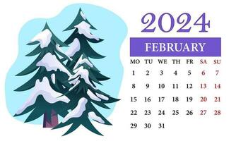 février mensuel calendrier 2024 avec une couvert de neige des arbres vecteur