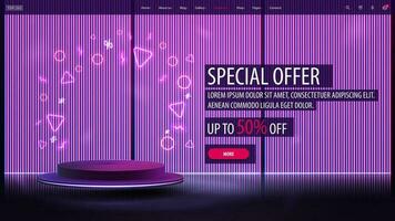 spécial offre, remise bannière avec vide violet podium flottant dans le air avec ligne néon rose et bleu mur sur Contexte vecteur