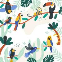 été sans couture modèle avec paume feuilles, tropical fleurs, flamant, toucan. vecteur des illustrations