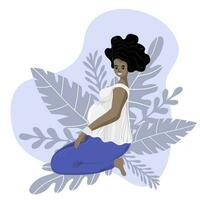 africain américain Enceinte femme Faire yoga, ayant en bonne santé mode de vie et relaxation, des exercices pour Enceinte femme. content et en bonne santé grossesse concept. vecteur