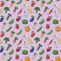 des légumes sans couture modèle avec kawaii personnages sur lilas Contexte. parfait pour végétalien, végétarien, fond d'écran, nourriture toile de fond, tissu, emballage papier, textile. dessin animé vecteur illustration.