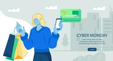 site Internet bannière modèle pour cyber Lundi vente et remise avec femme achats des biens via mobile application, plat vecteur illustration. La publicité la toile page pour en ligne vente jusqu'à rupture et dégagement de cyber lundi.