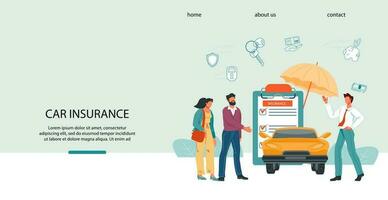 voiture Assurance site Internet ou atterrissage page modèle avec dessin animé personnages de agent et voiture les propriétaires, plat vecteur illustration. la toile page pour voiture Assurance agence.