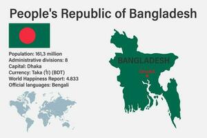 carte du bangladesh très détaillée avec drapeau, capitale et petite carte du monde vecteur