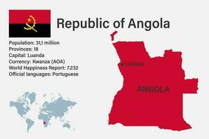 carte très détaillée de l'angola avec drapeau, capitale et petite carte du monde vecteur