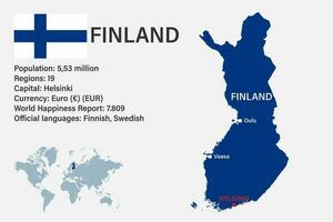 carte finlandaise très détaillée avec drapeau, capitale et petite carte du monde vecteur
