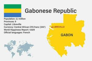 carte du gabon très détaillée avec drapeau, capitale et petite carte du monde vecteur