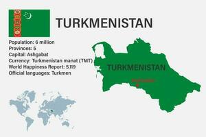 carte du turkménistan très détaillée avec drapeau, capitale et petite carte du monde vecteur