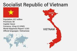 carte du vietnam très détaillée avec drapeau, capitale et petite carte du monde vecteur