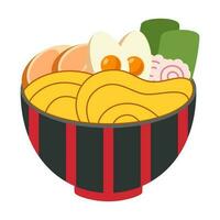vecteur illustration de délicieux Japonais ramen nouille sur bol avec plat style. traditionnel asiatique nouille soupe. ramen avec des œufs et crevette. le nouilles sont pendaison sur des bâtons. est cuisine.