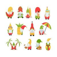 mignonne été gnomes. Bonjour été plage fête avec mignonne gnomes isolé sur blanche. surfant gnome personnage, dessin animé illustration. vecteur