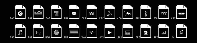 gros collection de vecteur Icônes, fichier extensions diverse Icônes ensemble - une ensemble de ordinateur des dossiers et Logiciel Icônes Stock vecteur pour conception sur noir Contexte