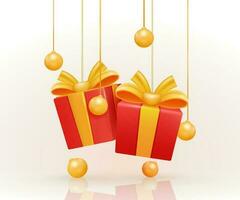 3d vecteur réaliste rouge cadeau boîte avec or Balle éléments pendaison par une corde. cadeau boîte avec d'or Balle et ombre isolé sur blanc Contexte. adapté pour publicité, anniversaire et Noël cadeaux