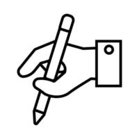 main avec l'icône de style de ligne de fournitures scolaires stylo vecteur