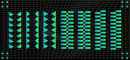 géométrique holographique Cadre formes sur une noir Contexte. abstrait arrière-plans, motifs, cyberpunk éléments dans branché psychédélique délirer style. rétro-futuriste esthétique de le années 2000. vecteur