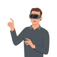 une Jeune homme en mouvement objets autour en utilisant une virtuel réalité vr casque. vecteur