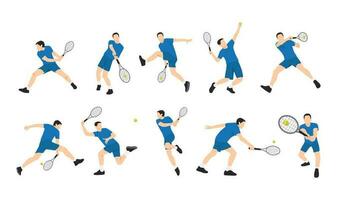 Jeune homme en jouant tennis sur tribunal ensemble. plat vecteur illustration isolé sur blanc Contexte