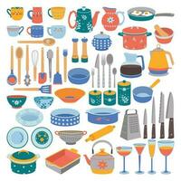 cuisine ustensiles, cuillère, fourchette, couteau, bouilloire, lanceur, tasse, fouet, louche, plaque, bol. vecteur
