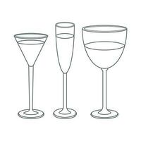plats. une ensemble de verre, cocktail, Champagne, verre de vin avec une boire. ligne art. vecteur