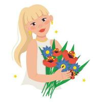 magnifique femme détient une bouquet de fleurs dans sa mains. blond avec frange. vecteur graphique.