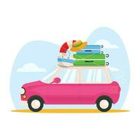 rose voiture avec des choses va sur vacances. les valises, une plage sac, les valises, une chapeau, une nager bague sont fixé sur le toit. vecteur graphique.