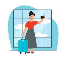 femme avec une valise à le aéroport prend une selfie sur le téléphone. va sur une vol à aller sur une voyage. vecteur graphique.