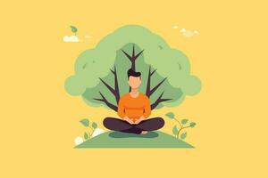 une la personne Faire yoga en dessous de le arbre vecteur illustration