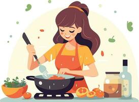 en bonne santé en mangeant femme cuisine une nutritif repas avec Frais des légumes dans une bien équipé cuisine vecteur
