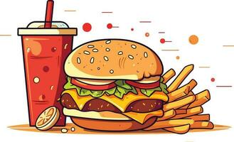 délicieux vite nourriture casse-croûte avec Burger, du Coca et Frais des légumes sur une blanc Contexte illustration, Burger, du Coca, chaud et épicé français frites illustration vecteur