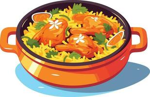 chaud et épicé poulet biryani avec rôti pièces et citron illustration sur isolé blanc Contexte vecteur