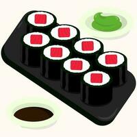 plat conception illustration de thon Sushi rouleau sur une noir plaque. parfait utilisation pour restaurant menu vecteur