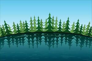 dessin animé forêt vecteur Contexte sur une lac. marrant pin des arbres. ouvert espace. paysage