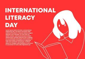 international l'alphabétisation journée avec femme en train de lire livre. vecteur illustration