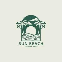 élégant branché Soleil le coucher du soleil avec océan mer plage l'eau logo et noix de coco arbre vecteur icône dans tendance linéaire doubler, contour logo vecteur