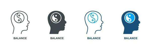 méditation pour mental équilibre symbole collection. bien-être, équilibre, harmonie, paix pictogramme. yin Yang signe dans Humain tête silhouette et ligne icône ensemble. isolé vecteur illustration.