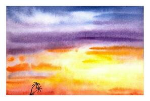 main tiré aquarelle le coucher du soleil avec paume des arbres silhouettes. vecteur