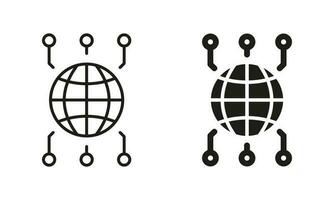 global réseau ligne et silhouette icône ensemble. international la grille pour communauté. à l'échelle mondiale réseau symbole collection. cyber La technologie noir signe. isolé vecteur illustration.