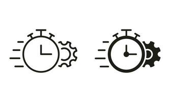 dent roue et regarder date limite, paramètres, contrôle temps et Efficacité pictogramme. équipement et l'horloge ligne et silhouette icône ensemble. optimisation processus noir symbole collection. isolé vecteur illustration.