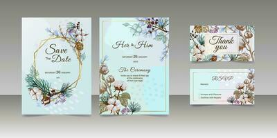 floral mariage invitation pour hiver mariage, enregistrer le Date remercier vous RSVP carte conception modèle. vecteur. coton fleurs, pin branches, hiver baies et fleurs. vecteur