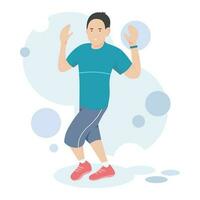 une homme le jogging et posant. une homme portant une montre intelligente ascenseurs le sien mains et salue quelqu'un. des sports et Activités plat illustration. vecteur