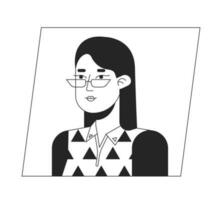 brunette femme dans des lunettes avec court cheveux noir blanc dessin animé avatar icône. modifiable 2d personnage utilisateur portrait, linéaire plat illustration. vecteur visage profil. contour la personne tête et épaules