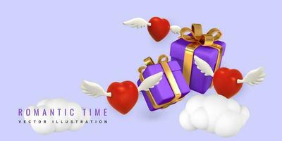 3d en volant cœurs avec ailes et cadeau boîte sur une lumière violet Contexte. la Saint-Valentin journée conception. vecteur illustration