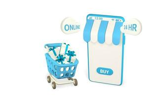 en ligne achats concept. réaliste 3d téléphone portable avec bleu achats Chariot et cadeau des boites. en ligne magasin. vecteur illustration