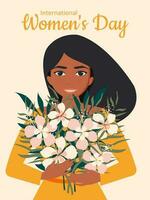 international aux femmes journée. une magnifique fille avec longue noir cheveux sourit et détient une bouquet de hibiscus fleurs sur une rose verticale Contexte. vecteur. vecteur